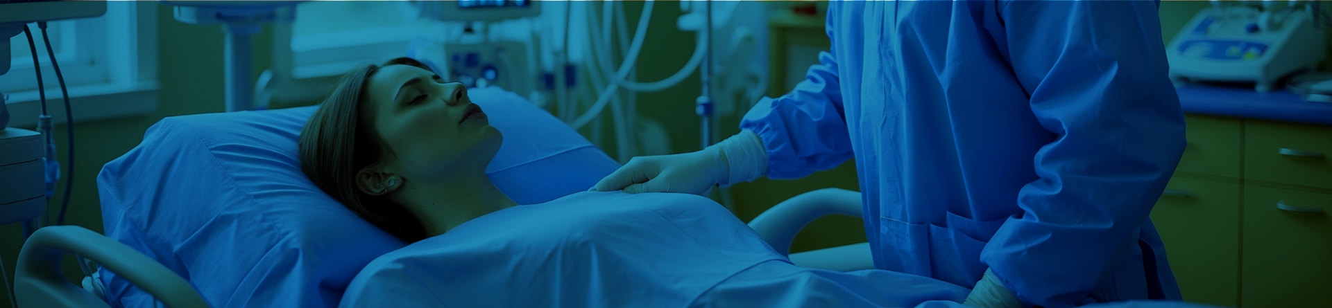 Patiente allong&eacute;e en chambre m&eacute;dicale avec soignant en pr&eacute;paration de prise en charge